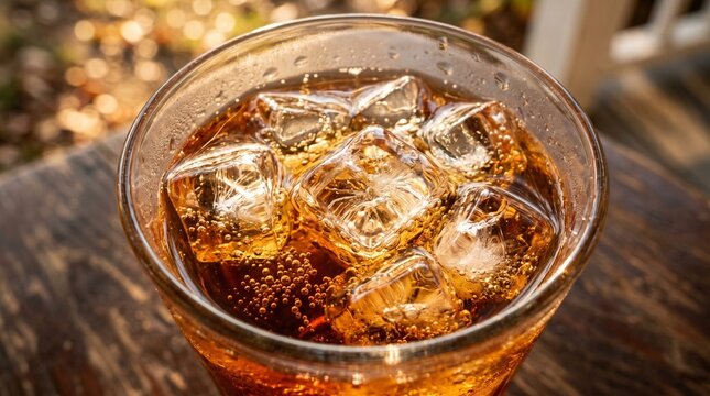 Iced cola drink in a clear glass with carbonated bubbles and melting ice cubes sitting on a rustic wooden table during a bright sunny afternoon