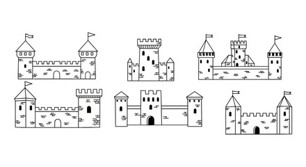 Medieval castle and fortress line art icons set © nando