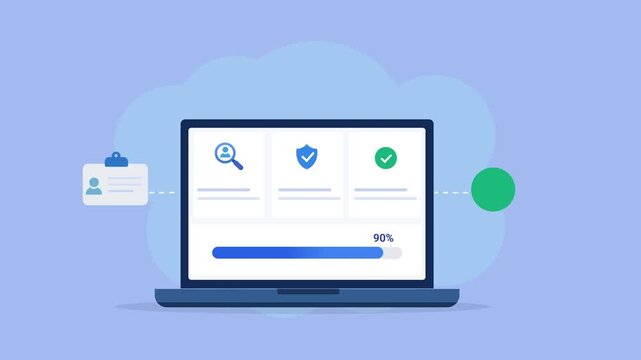 Modern flat vector animation of a laptop displaying a search dashboard with progress bar, profile card, security status, and user interface elements. Ideal for technology, software, and web concepts.