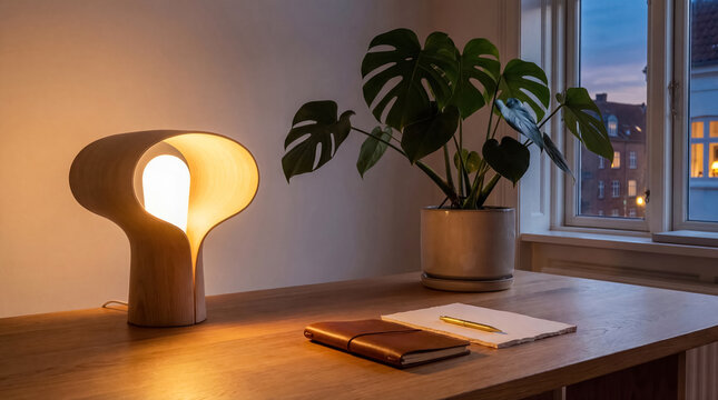 Glowing wooden designer lamp, pen and leather notebook on table and monstera plant on evening window background. Cozy minimalist interior. Horizontal ad banner for lighting, home decor or writing.