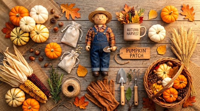 Rustic fall harvest arrangement featuring scarecrow doll mini pumpkins