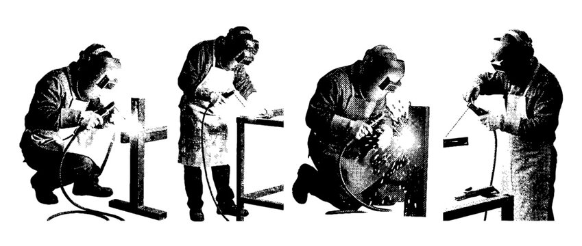 This halftone vector image showcases a skilled welder meticulously working on metal structures, emphasizing craftsmanship and the welding process for artistic appeal.