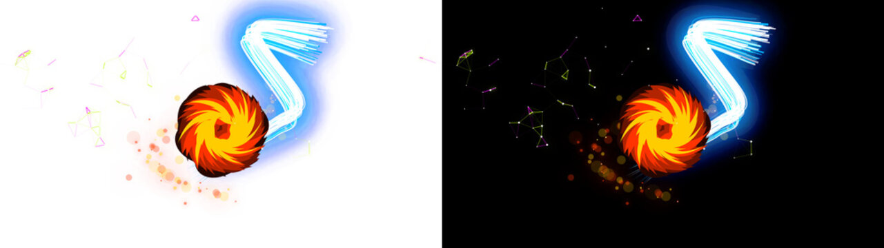 PNG image of Dynamic energy blast visual effects, glowing fire vortex and blue lightning bolt, cartoon magic power assets for game design isolated on Transparent Background