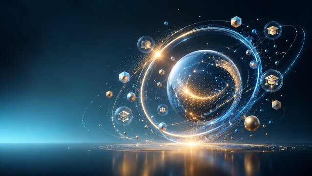 Learning Orbit Portal AI Skill Galaxy Ecosystem luminous ring learning universe capability icons orbital motion premium futuristic advertising with clean copy space and clean innovation background
