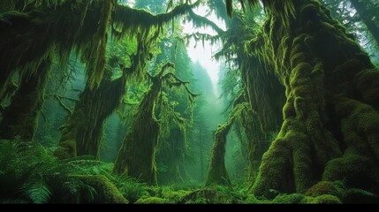 Fototapeta premium Enchanted moss forest during spring with dense greenery and sunlight filtering through the canopy