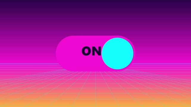 Retro synthwave toggle switch animation: on and off ui interaction with neon grid background vaporwave