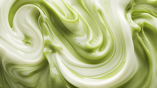 Abstract background of swirling green matcha tea and creamy white milk texture.