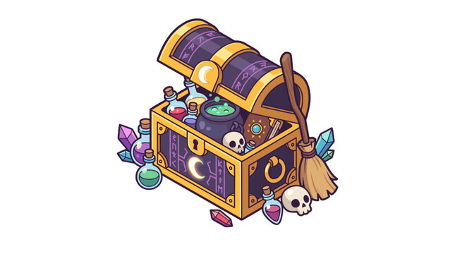 Cartoon magic treasure chest with potions, skulls, and crystals