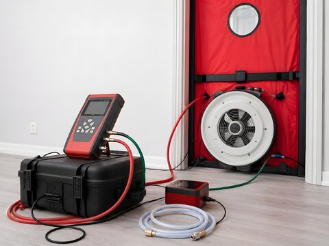 Close-Up of Blower Door Test Instruments and Pressure Measurement Equipment
