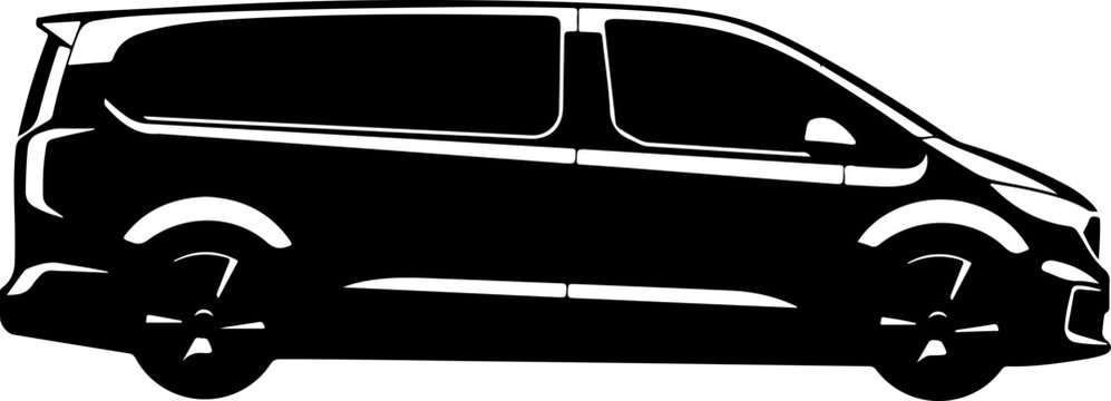 Black minivan silhouette, side view, vehicle icon, transportation symbol