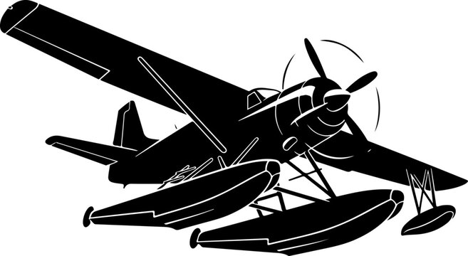 Black and white seaplane vector, floatplane illustration, aircraft icon, monoplane graphic