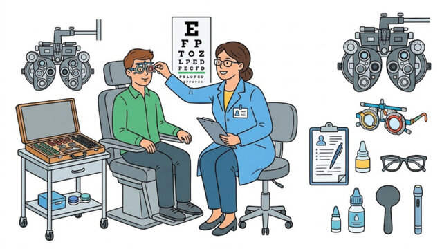 Optometrist Eye Examination Vector Set &ndash; Vision Test Equipment and Eye Care Collection