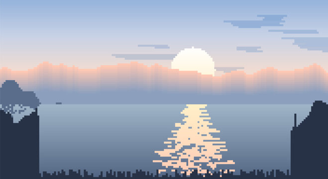 Tranquil pixel art sunset over ocean with soft clouds and silhouetted islands.