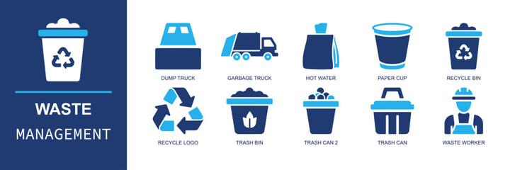 Waste management icon set. Containing dump truck, garbage truck, hot water bag, paper cup, recycle bin, recycle logo, trash bin, waste worker, trash can and more. Solid fill vector icons. © Ella
