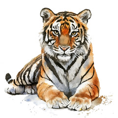 Obraz premium Tiger, illustration watercolor with dynamic strokes and balanced color harmony, isolated on a white background.