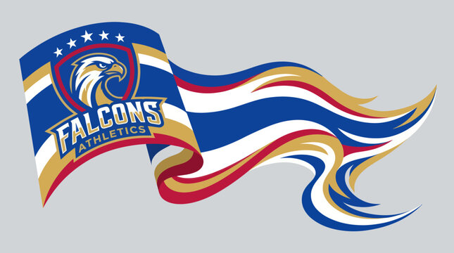 Athletic falcon emblem on waving ribbon