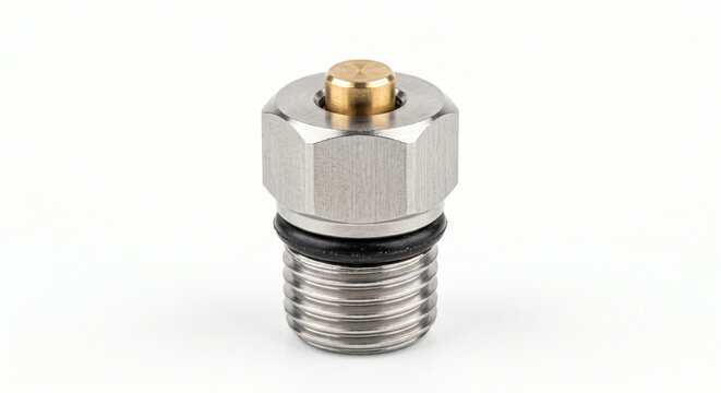 Micro-machined stainless steel suspension fork air bleeder valve with o-ring isolated on white.