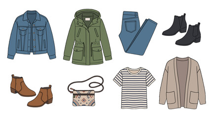 Naklejka premium Casual clothing and footwear set in flat vector style