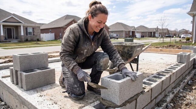 Woman constructing a building by laying gray bricks outdoors  
