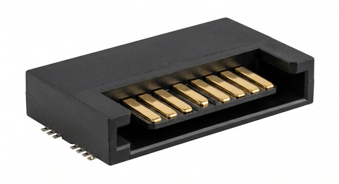 Surface-mount SATA data connector block with gold-plated contact pins isolated on a white background.