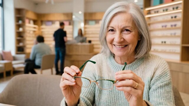 Smiling senior woman holding new eyeglasses. Choosing spectacles at an optician shop. Vision care and healthy aging concept