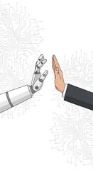 Obraz premium Line art drawing of humanoid robot hand giving high five gesture to human business person hand on circuit pattern background concept