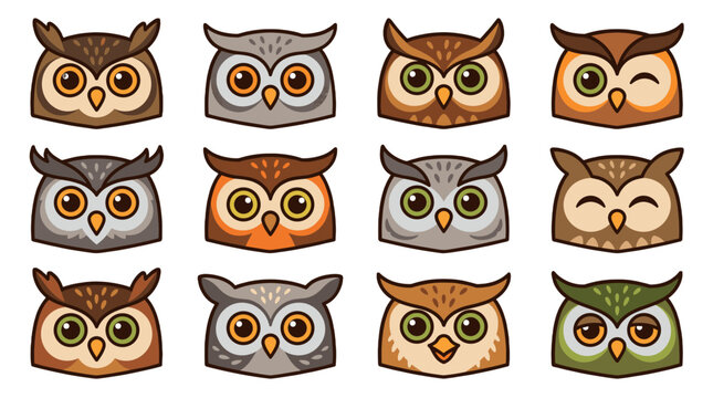 Set of cute cartoon owl faces in flat vector style