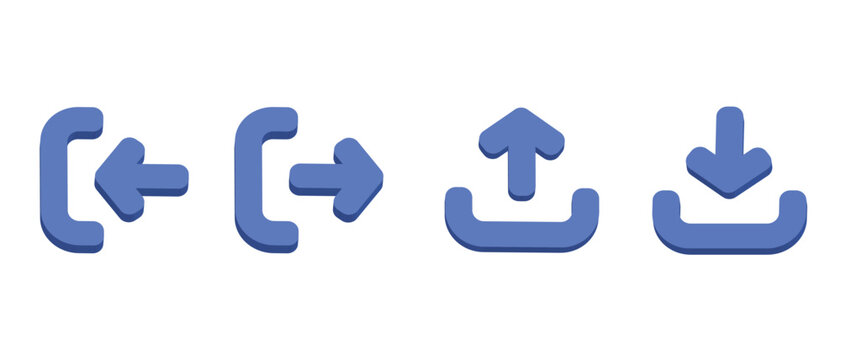 3d Upload and download arrow icon collection featuring file transfer symbols, import export controls and data sharing interface elements