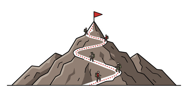 Hikers climbing a mountain trail toward a summit flag