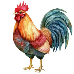 Rooster, illustration watercolor with playful splashes and delicate line details, isolated on a white background. © lunaris