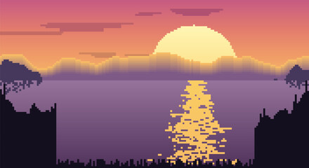 Fototapeta premium Purple pixel art sunset over calm water with golden reflections.