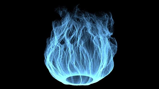 Rising blue fire smoke and particle energy aura on black background