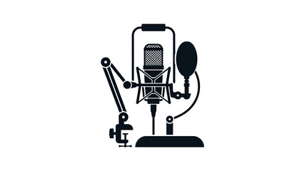 Microphone studio equipment sits on a professional boom arm stand with a pop filter for high quality audio recording. © Fian