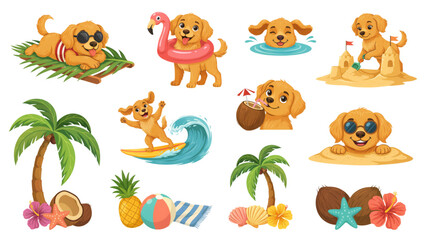 Colorful cartoon animals and characters enjoying a tropical beach setting with palm trees © MstUmratun