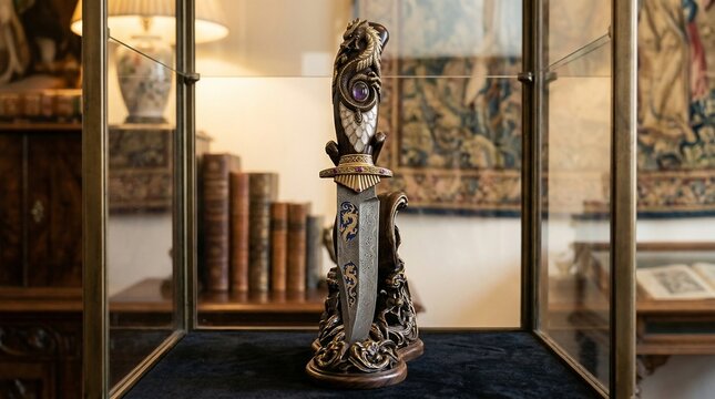 ornate sword with dragon hilt in glass display case