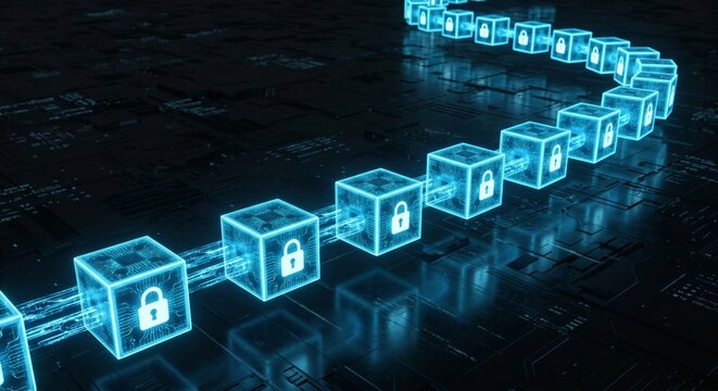 Glowing blue linked cubes with padlocks on a dark circuit board background forming a blockchain concept