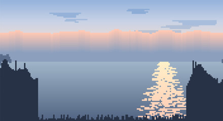 Fototapeta premium Pixel art pastel dawn sky over serene water with distant mountains.