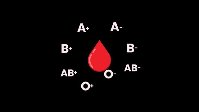 Blood type compatibility chart animation with blood drop and ABO Rh factor groups on transparent background for healthcare education