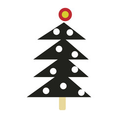 Fototapeta premium Minimalist black Christmas tree icon with white ornaments and red topper