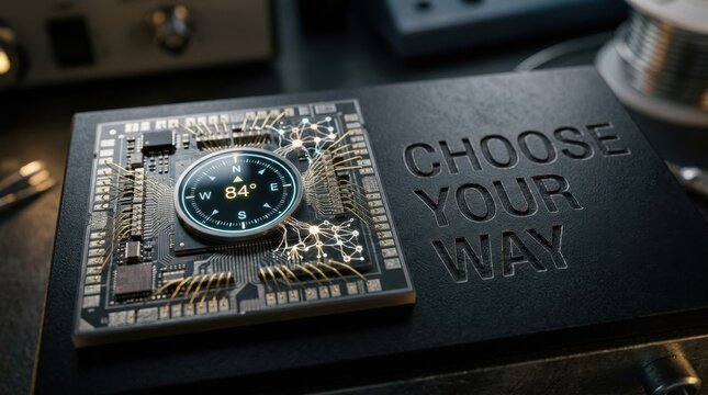 Macro shot of a digital compass integrated into a microchip circuit board with gold wiring and engraved text Choose Your Way on a black surface in a lab setting.