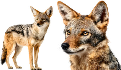 Obraz premium Two Black-Backed Jackals Isolated on White Background, Wild African Canids in Natural Pose