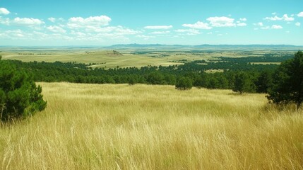 Obraz premium Expansive prairie valley landscape with tall dry grass in the foreground and a distant horizon under a blue sky with