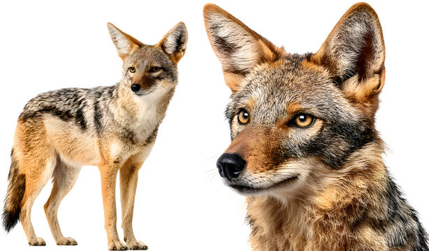 Two Black-Backed Jackals Isolated on White Background, Wild African Canids in Natural Pose

