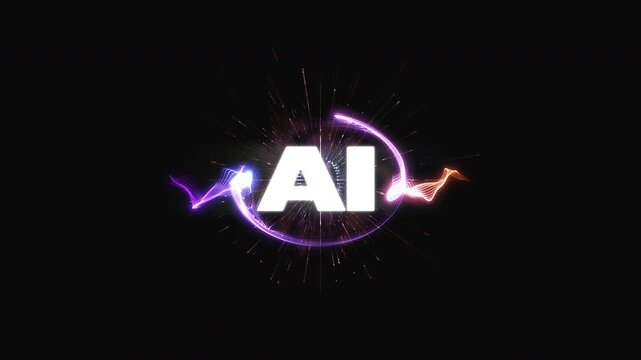 Glowing AI logo ignites with swirling neon ribbons and bursting light rays across a deep black stage, premium tech mood for branding and advertising openers