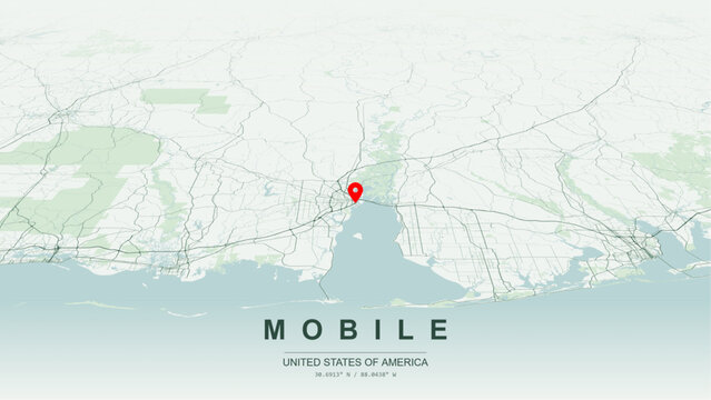 Modern minimalist vector map of Mobile, Alabama, USA. High-quality scalable illustration of Mobile city grid, Interstate 10, Interstate 65, and Gulf Coast regional transit networks for posters design.