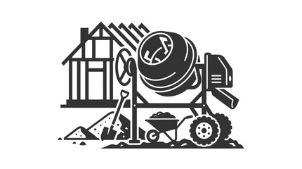 Cement mixer stands before a wooden house frame with a wheelbarrow and shovel on the ground. © Fian