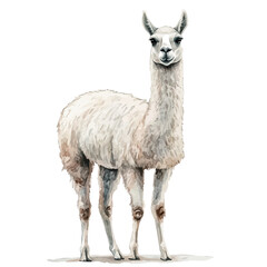 Fototapeta premium Llama, watercolor with intricate brush textures and gentle highlights, isolated on a white background.