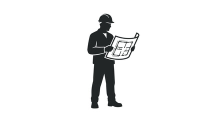 Architect reviewing a construction blueprint stands in a professional pose to evaluate the structural integrity of the project design. © Fian