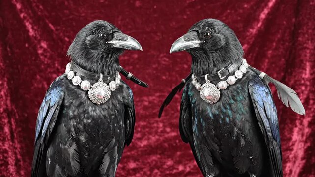 Two Black Crows Wearing Intricate Silver Jewelry Collars and Leather Straps on Dark Red Velvet Background
