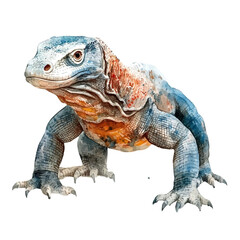 Fototapeta premium Komodo Dragon, watercolor with intricate brush textures and gentle highlights, isolated on a white background.